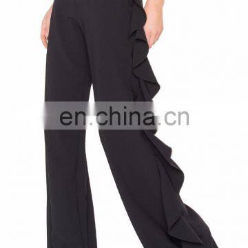 New Arrival black color ruffle down one side wide leg pants for women