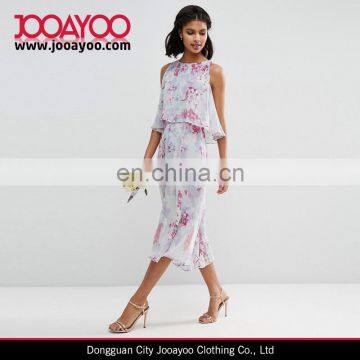 Floral Printed Soft Double Layer Chiffon Round neckline Wedding Dress