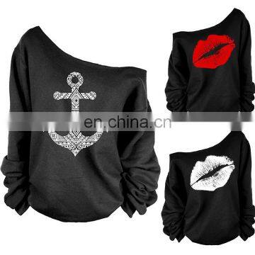 New Wholesale Women Lips Print Pullover One Shoulder Jumper Sweater Hoodie Sweatshirt Tops