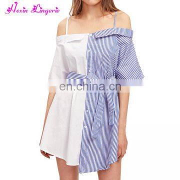 Hot Sale Halter Striped Short Sleeve Overbust Sexy Midi Off - Shoulder Dress