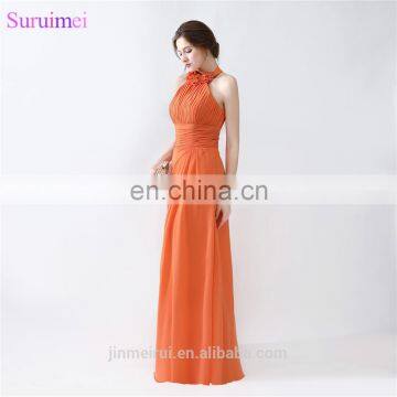Orange Bridesmaid Dresses Floor Length Pleated Peach Color Chiffon On Sale Halter Bridesmaid Dresses photo-5