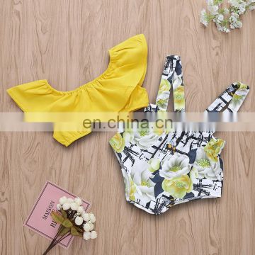 2019 Cotton infant off shoulder yellow top + girls floral bee print rompers set Infant romper 2Pcs/Set