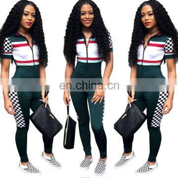 Summer Sexy V Neck Jumpsuits Plaid High Waist Rompers Front Zipper Womens Jumpsuit Bodycon Overalls Short Sleeve Playsuit