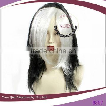 cheap long black and white fantasy straight synthetic halloween party wigs