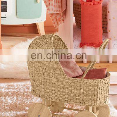 High Quality Rustic Seagrass Pram Basket Doll Stroller Trolley For Kids Wicker Shopping Basket Wholesale Supplier