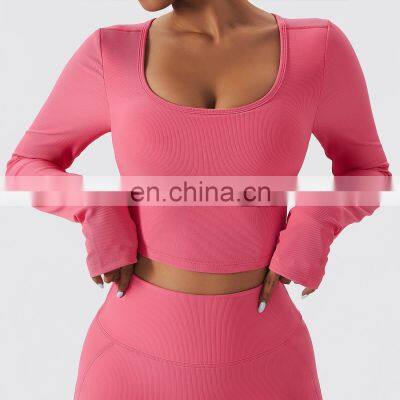 Ribbed 2 In 1 Piece Long Sleeve Yoga Crop Tops Wholesale Womens Square Neck Sports Bras
