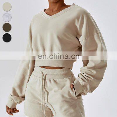 2024 Wholesale Blank Long Sleeve Crop Top V-neck Drop Shoulder Sweatshirts Custom Logo Pullover Sweatshirt For Women photo-3