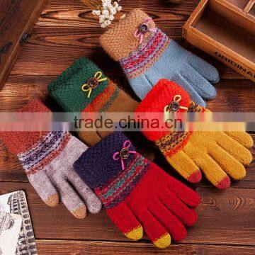 Ribbon button touchscreen knitted gloves fingers fashion ladies gloves, full finger gloves