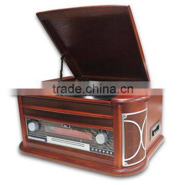Antique wooden desktop turntable vinyl record player gramophone with radio,CD/MP3/cassette/USB player,usb and PC encoding,LED