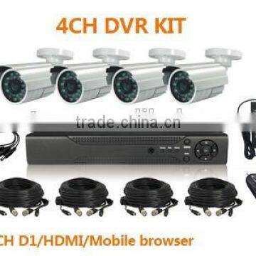 4ch DVR+Waterproof IR Camera 4CH D1 H.264 DVR KIT, 1/3"sony CCD 700TVL 30m Cables H.264 network Stand alone (DVR-KIT104EF/30)