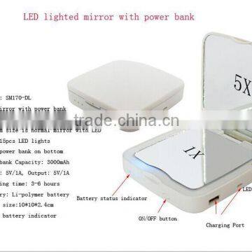 Double sides concave rechargeable lighted mirror with power bank 3000mAh portable for any cellphones