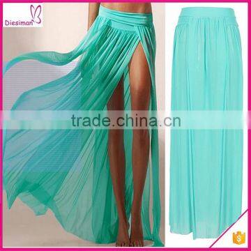 Sexy Green Split Ruffled Chiffon Long Beach Maxi Skirt