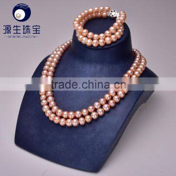 Latest design bread round fresh water real pearl set necklace and bracelet double layers in pink color                        
                                                Quality Choice