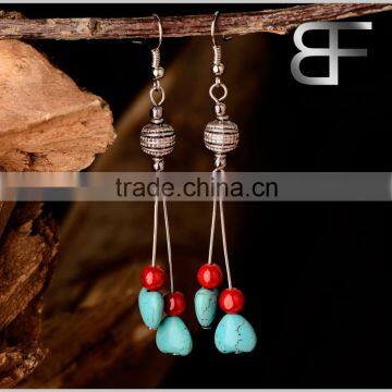 Retro Heart Turquoise Beads Alloy Long Drop earrings