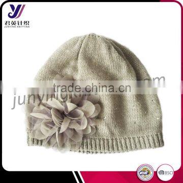 Lady fashion wool felt knit beanie hat with flower (Accept the design draft)