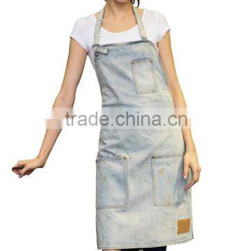 Unisex washed denim chef kitchen apron with pockets for sale