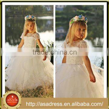 LBFG06 Beautiful Big Ruffle Ball Gown Flower Girl Dress with Short Sleeve Lace Appliqued Girls Party Dresses for Party