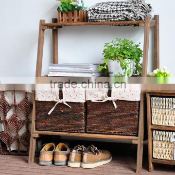 folding wooden commodity shelf ,flower rack with storage removeable woven basket