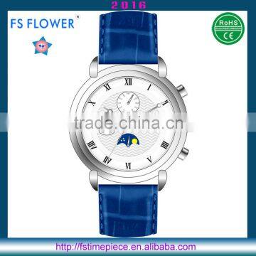 FS FLOWER - SG 1653 Mechanical Automatic Mechanical Movt Moonphase Calendar Watch Bule Leather Strap Men's Quality Watches