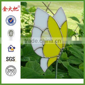 Metal & glass hand-painted yellow butterfly garden stake for Yard decoration