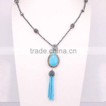 Natural Turquoise Stone with Glass Tassel Jewelry Pendant Necklace, Pave Crystal Beads Hematite Beaded Necklace