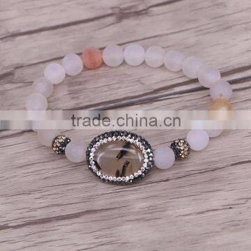 8mm Frosted Agate Beaded Bracelets, with Pave Crystal Agate Stone Connector Bracelets Jewelry