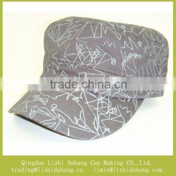 Cotton Twill Printed Army Hat, Scrawl Flat Top Cap Military Hat