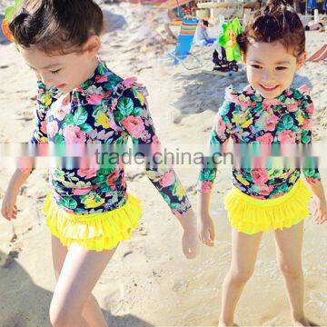 2016 children new stylish girls bathing suit ,long sleeve floral skirt fission swimsuit Wear