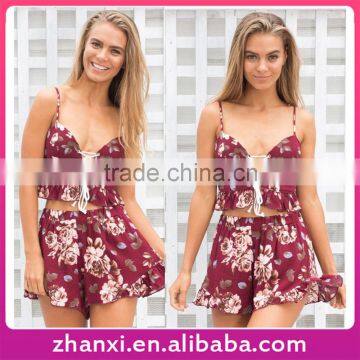 Floral print bandage fashion casual chiffon girls tops sexy women shorts lady suit