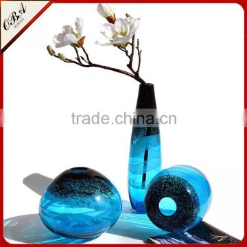 Mouth Blowing Sea Blue Color A Set Of Art Mediterranean Style Glass Vase For Centerpieces Wedding