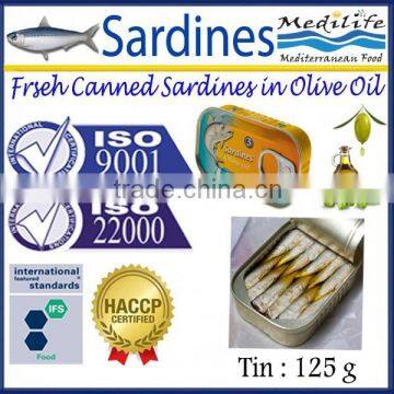 Frseh Canned Sardines in Olive Oil, Canned Sardine in Olive Oil, High Quality of Sardines, Fresh Sardines in Olive Oil,125 g