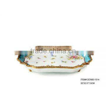 Elegant Dragonfly Design Porcelain With Brass Fruit Tray, Floral Painting Blue Porcelian Fruit Plate With Brass Side Handles