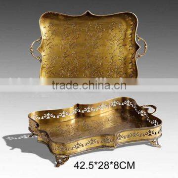 Retro Brass Casting Severing Tray, Hand Engraved Bronze Square Tea Tray With Handle, Home Decorative Tableware