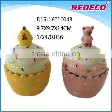 Colorful ceramic handmade cupcake cookie jar with animal statue