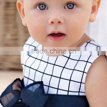 Blue Check Pattern Bowknot Sleeveless Baby Casual Girls Dress photo-2