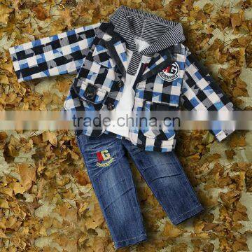 2016 New Winter Boys Clothing Suits 3 PCS Grid Coat And Hoodies And Jeans Trousers And Children Wear Ready Stock CS30725-8