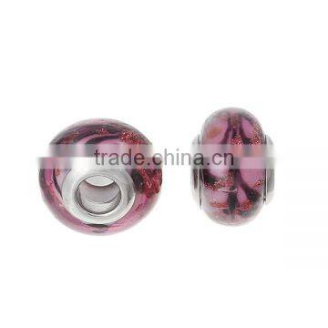 Lampwork Glass European Style Large Hole Beads Round Red Brown Pattern With 304 Stainless Steel Silver Tone Core photo-3