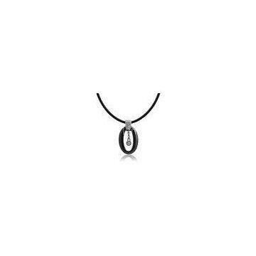 Black Ceramic Silver Necklace With White Main Stone And Leather , Micro Setting CSN0685