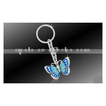 Wholesale enamel blue & crystal butterfly charm key ring/butterfly key chain with silver plated