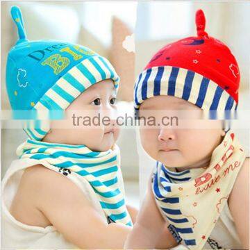 spring new style 2pcs/lot 100% cotton stripes newborn bonnet with bibs