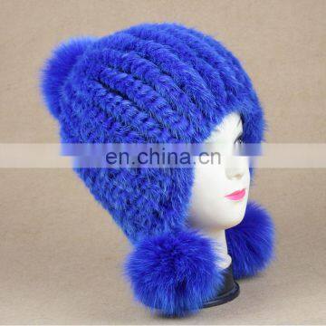 New pattern girl knitting earplap hat mink fur hat with fox fur pom pom