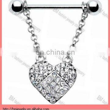 clear gems heart shaped dangling nipple piercing jewelry rings in stainless steel with barbell