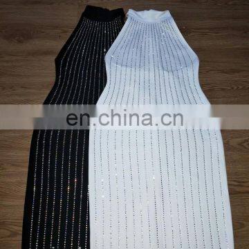 Amigo 2017 New Design Sexy Black 100% Cotton Halter Slit Full Hot-fix Rhinestone Evening Dresses for Ladis Party Wear photo-2