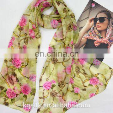 100% silk long own design printed paj silk habotai scarf with flower chain pattern