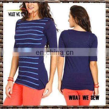 O neck half sleeves womens fashion blue stripes t-shirts top quality cotton polyester t shirts 2017