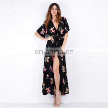 2020 Women's Explosion Long Short-Sleeved Floral Dress Women's Summer Vacation European and American Beach Skirt