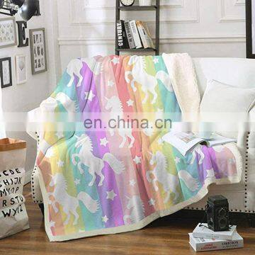 Recycling Cartoon Cute Plush Rainbow Unicorn Sherpa Throw Blanket for Girls