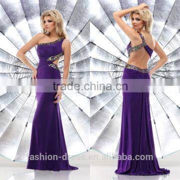 2014 One Shoulder Beaded Neckline Deep Purple Open Back Prom Dress