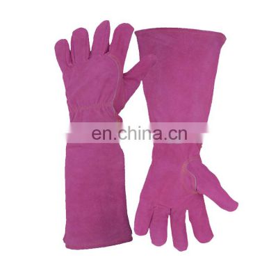 HANDLANDY Cow Split Leather Long Garden Gloves Roasting Heat Resistant Hand Protective Pink Work Glove