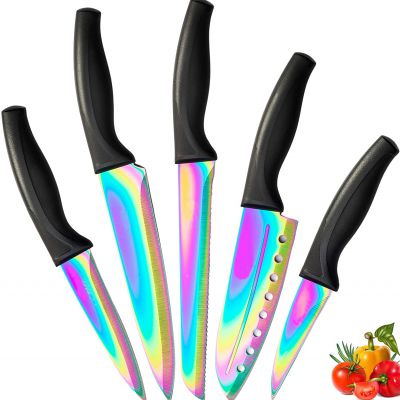 Kitchen Knife Set - 5 Chef Knives - Stainless Steel Blades with Ergonomic Handles & Rainbow Titanium Coating - Santoku, Bread, Chef, Utility and Paring Knife (Black Handle)